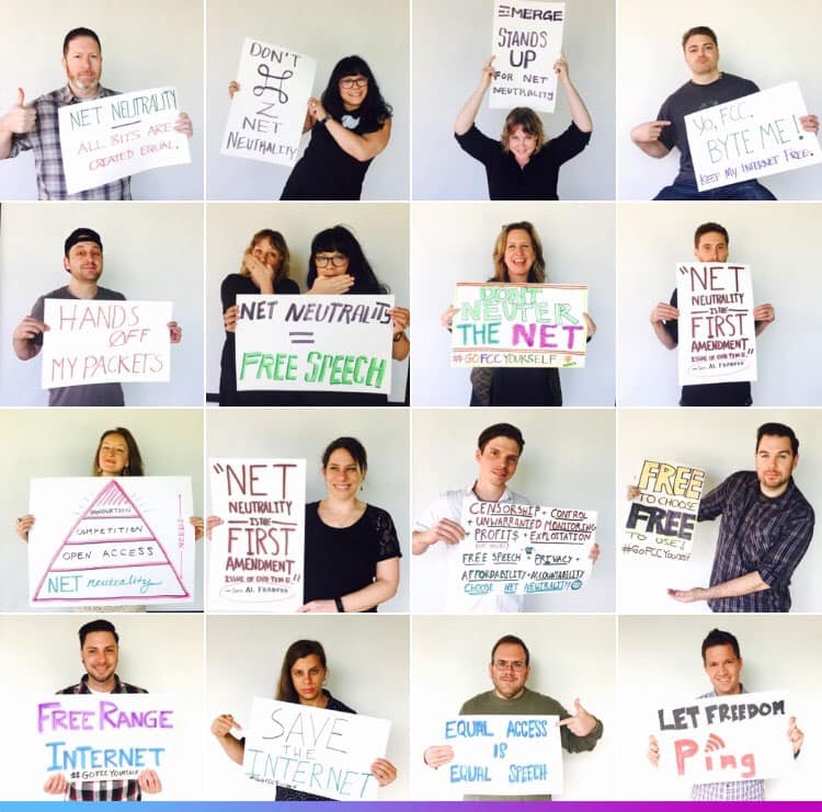 Emerge team with handwritten protest signs for Net Neutrality
